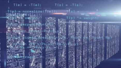 animation of data processing and integrated circuits over blue background