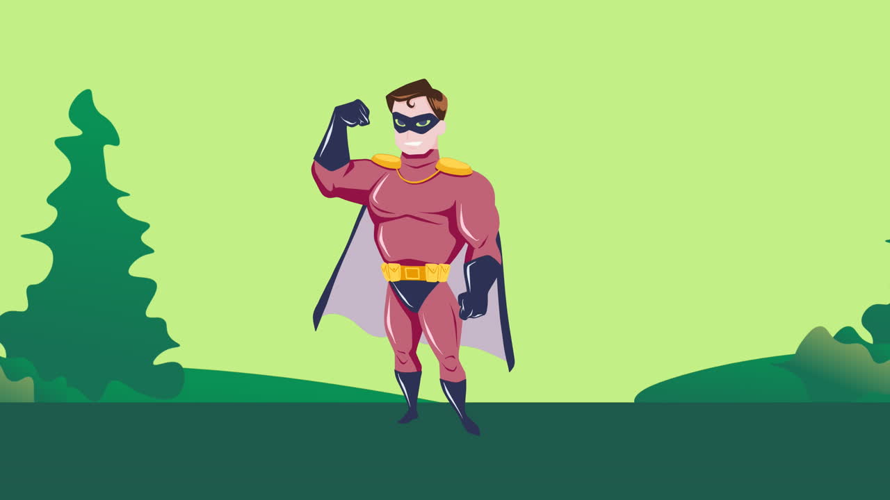 animación del icono del superhéroe sobre los árboles