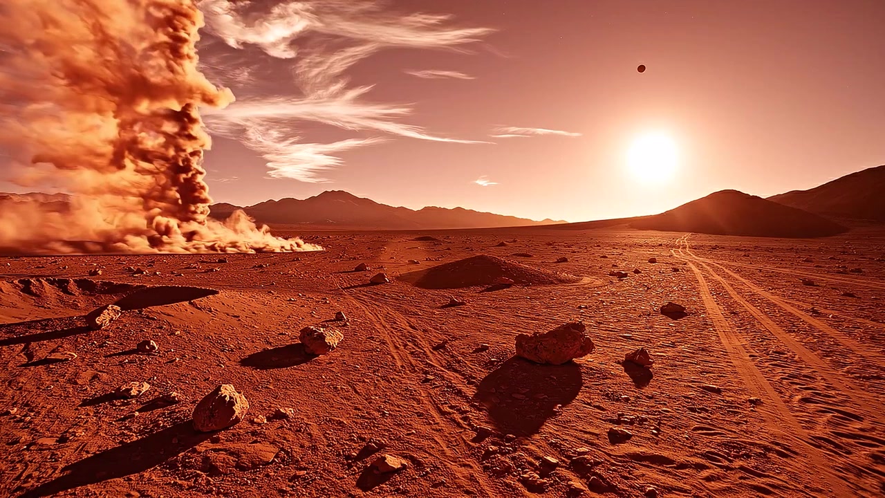 Diavolo di polvere che vortica sulla superficie arida di Marte.