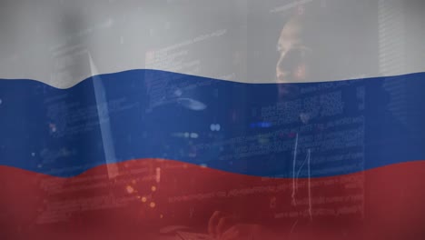 animation of caucasian male hacker over flag of russia