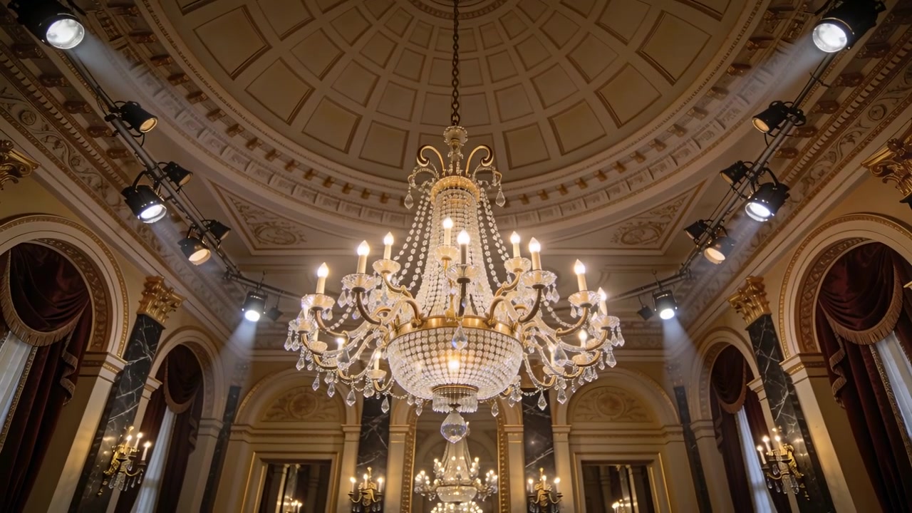 La telecamera si allontana rivelando un lampadario sotto una cupola a cassettoni, mostrando una sala da ballo illuminata.