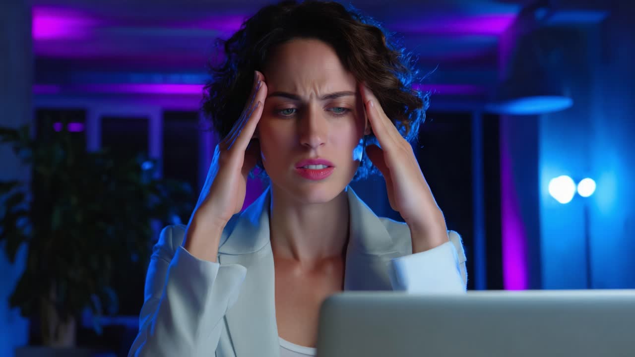 A woman experiences a moment of intense frustration or stress while working on her computer late at night, surrounded by vibrant colors and ambient lighting that create a dramatic atmosphere