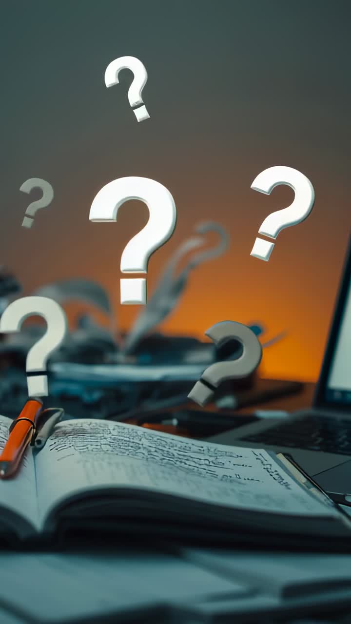 Vertical video: Playback starting floating question mark icons rotating and drifting above notebook