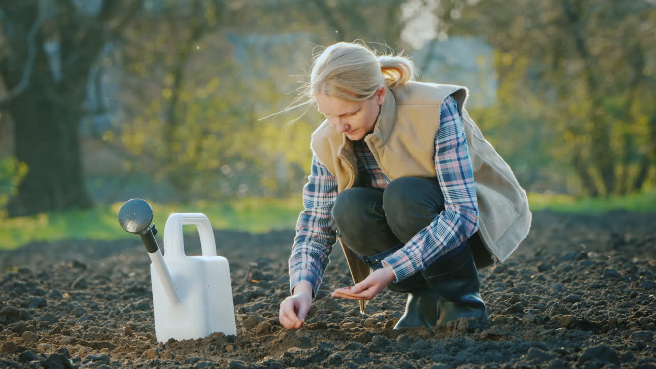 그의 정원 봄 작업에 씨를 심는 여자 농부