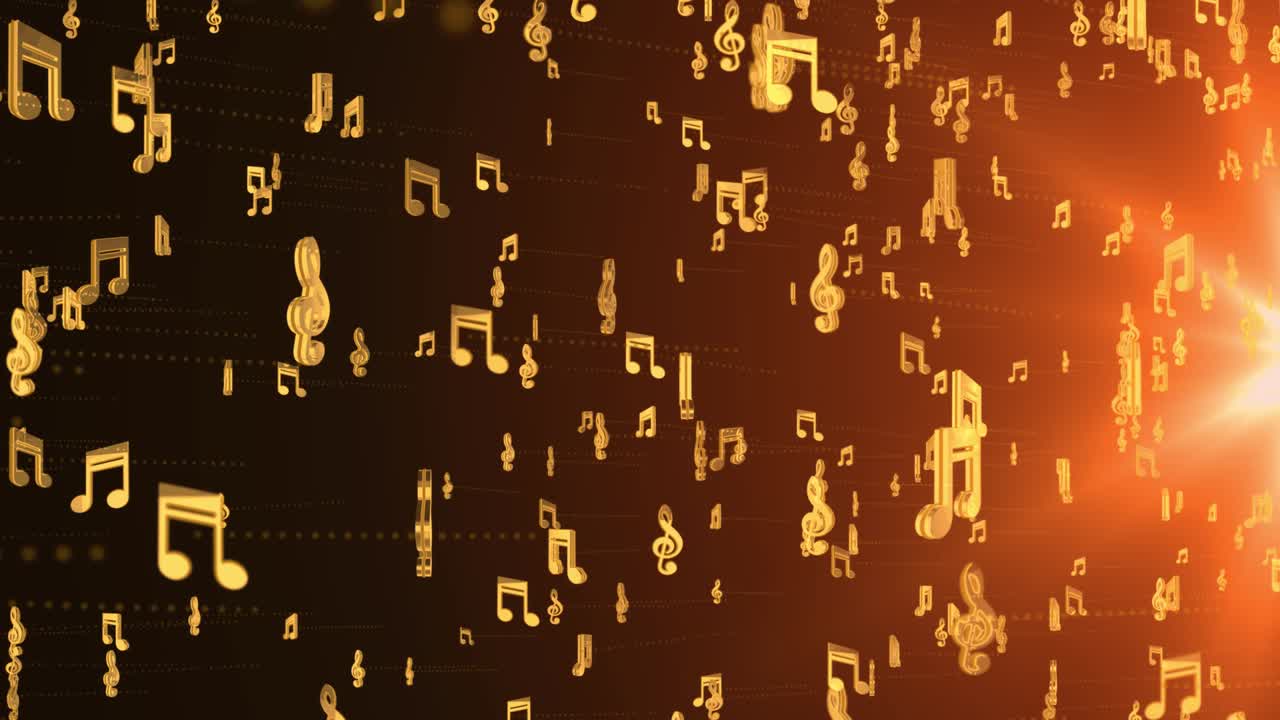 4k 루프 애니메이션 뮤지컬 음악 노트 배경 골든 뮤지컬 노트 플로트 회전 배경