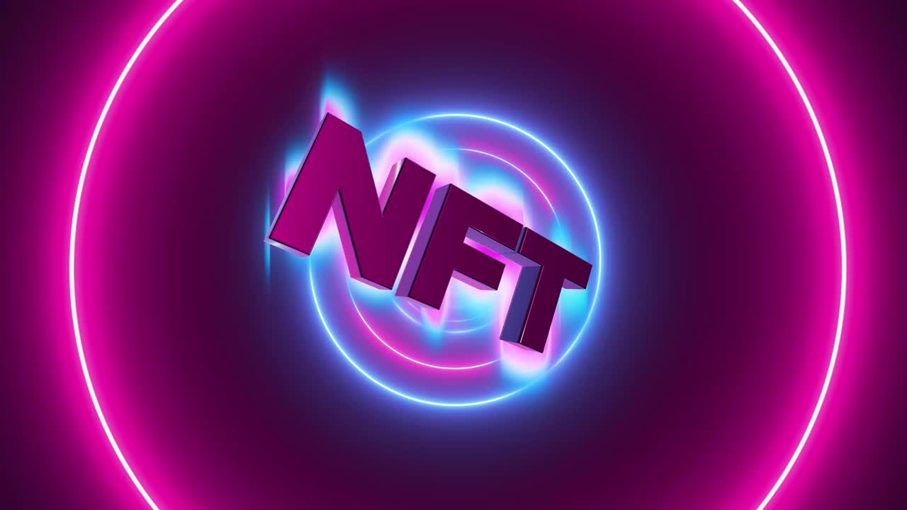concepto de neón token no fungible con fondo abstracto, luces de neón en forma de círculo animación de bucle.. nueva forma de comprar activos digitales, coleccionables y arte criptográfico. render 3d