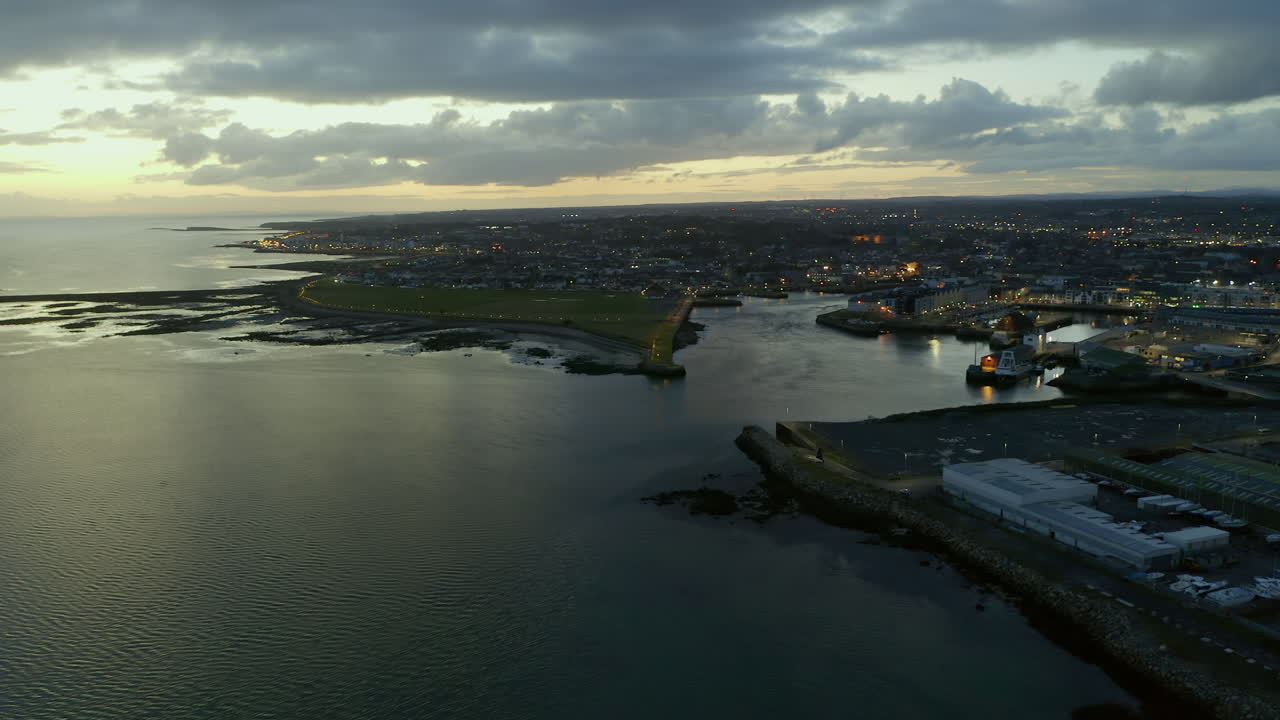 Aerial View of Coastal Town at Twilight