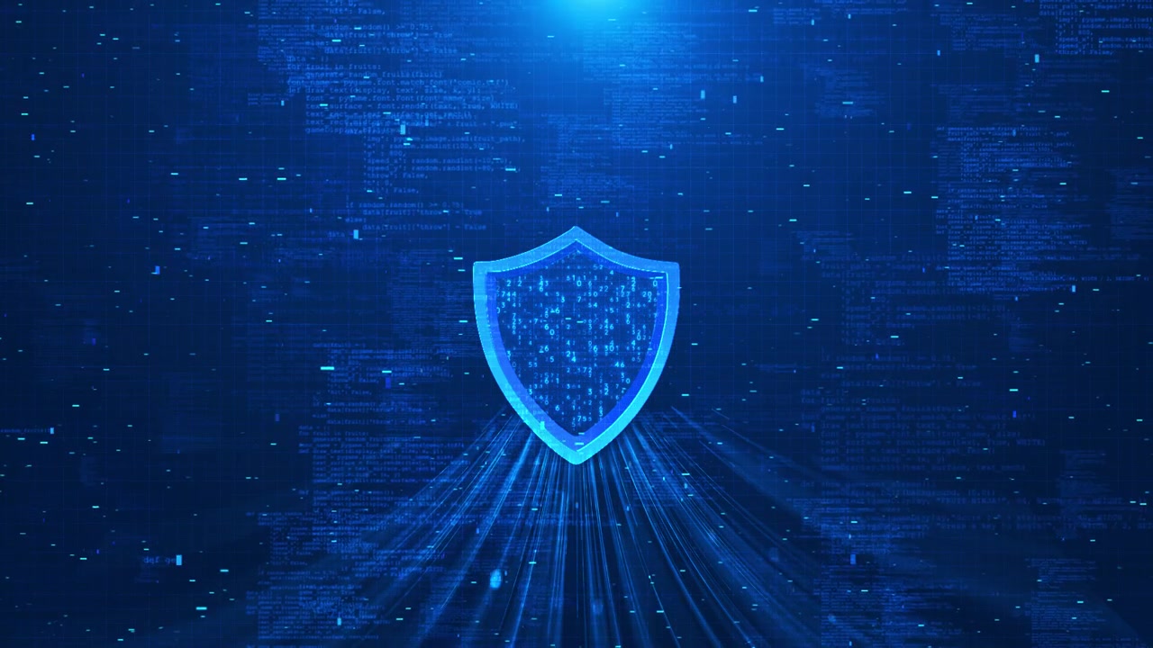 Digital data protection shield visual with cyan glow programming code cyber grid and futuristic blue