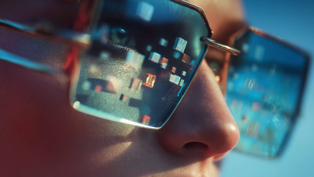Close-up of a Person with Reflective Glasses Showcasing a Digital World in Their Eye, Capturing the Intersection of Technology and Humanity Through a Modern Lens in a Unique Perspective