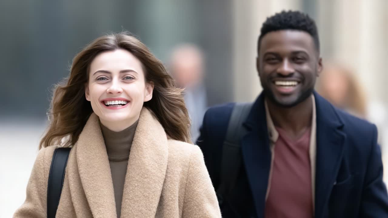 Due amici si godono una giornata di sole, sorridendo e camminando insieme con spirito gioioso, catturando un momento di felicità e connessione nelle loro vite.