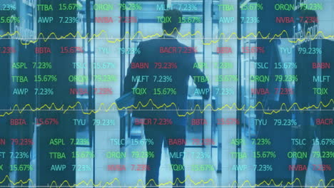 animation of financial data processing over happy caucasian businessman walking at office