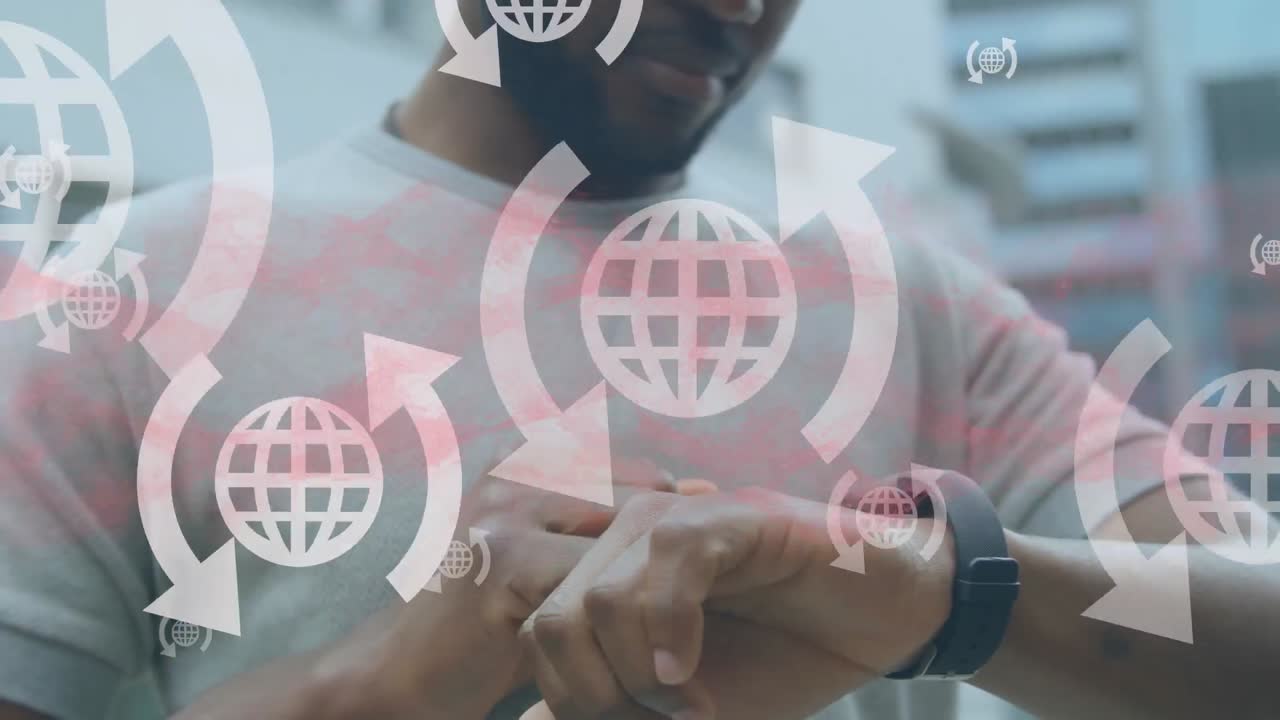 Animation of data processing with icons over african american man checking smartwatch