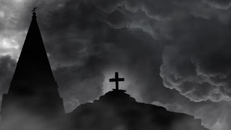 silueta de 4k, iglesia y cruz en un fondo de tormenta eléctrica en una colina rocosa