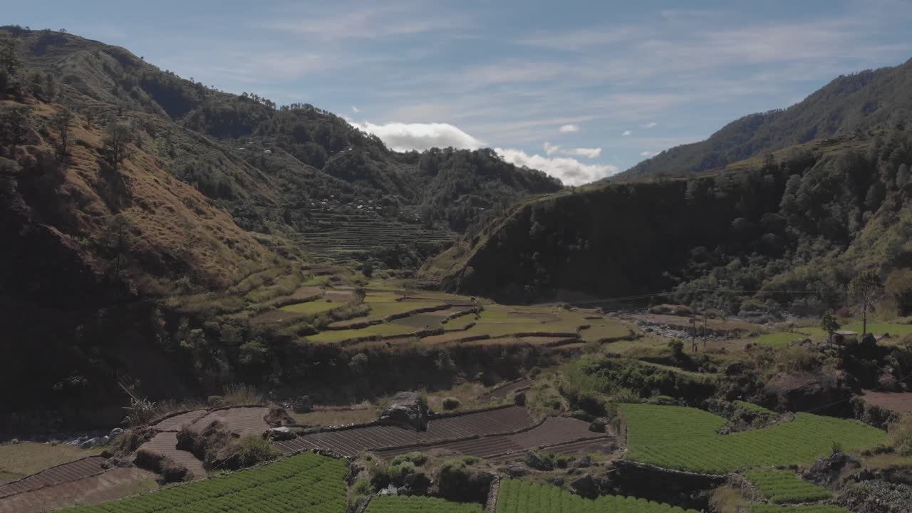 Terrace fields farms vegetable paddy approaching mountainous revealing valley fast aerial reversing wide angle reveal in kabayan benguet philippines