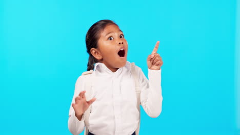 Wow,-face-and-girl-child-hand-pointing-in-studio