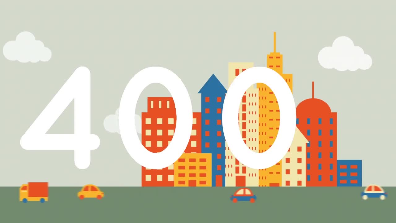 높은 건물에 대항하는 도로에 차량의 증가 숫자의 디지털 애니메이션