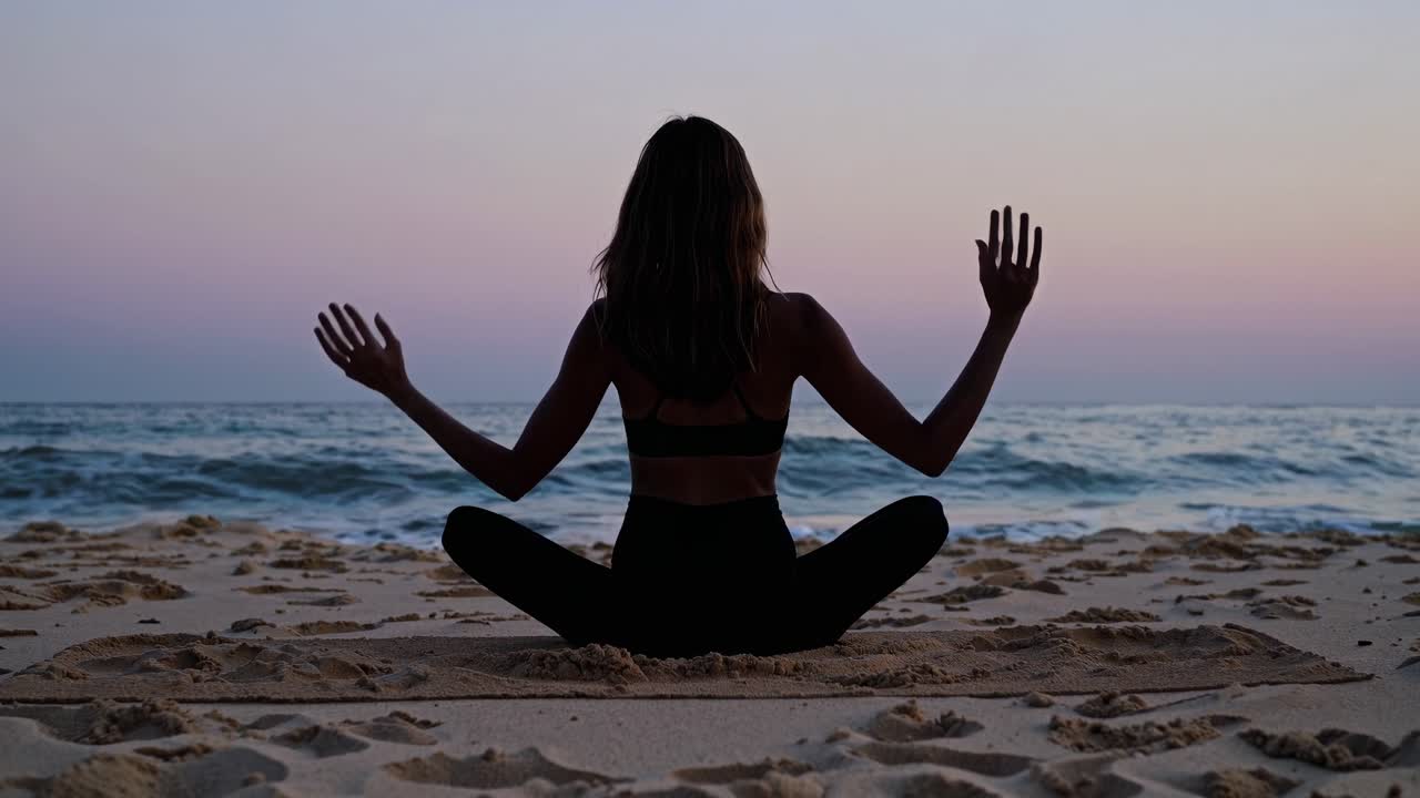 Una serena sessione di yoga all'alba su una spiaggia, focalizzata su consapevolezza e tranquillità.