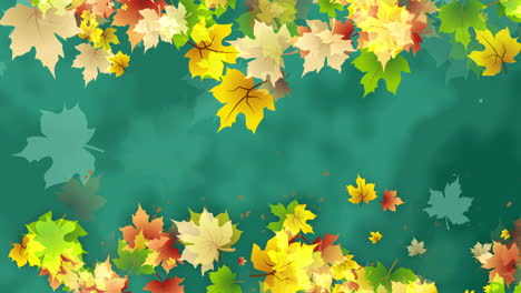 animated frame with autumn colored leaves. artistic green background with floral design. looped motion graphics.