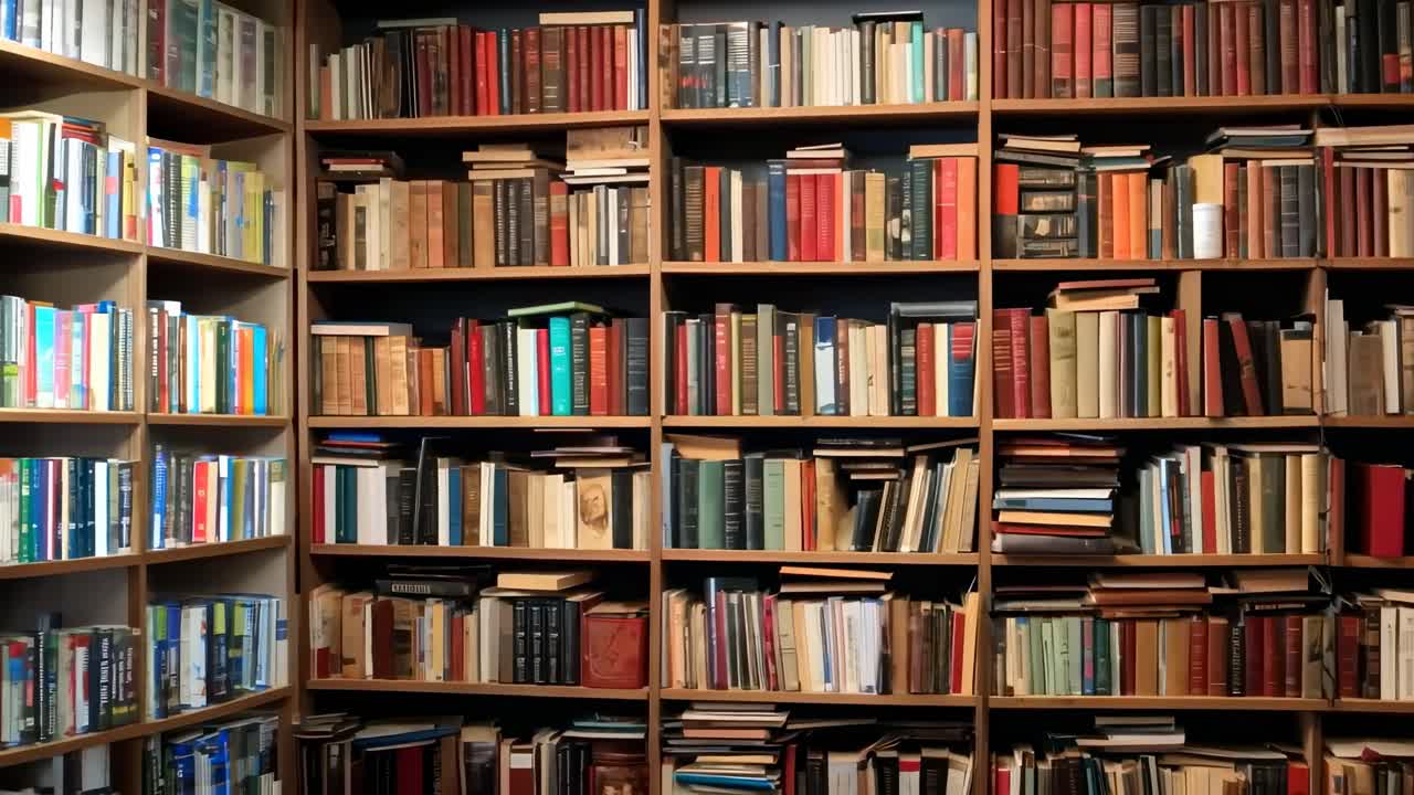Video di un'accogliente biblioteca con scaffali pieni di libri. L'angolazione ampia cattura il calore