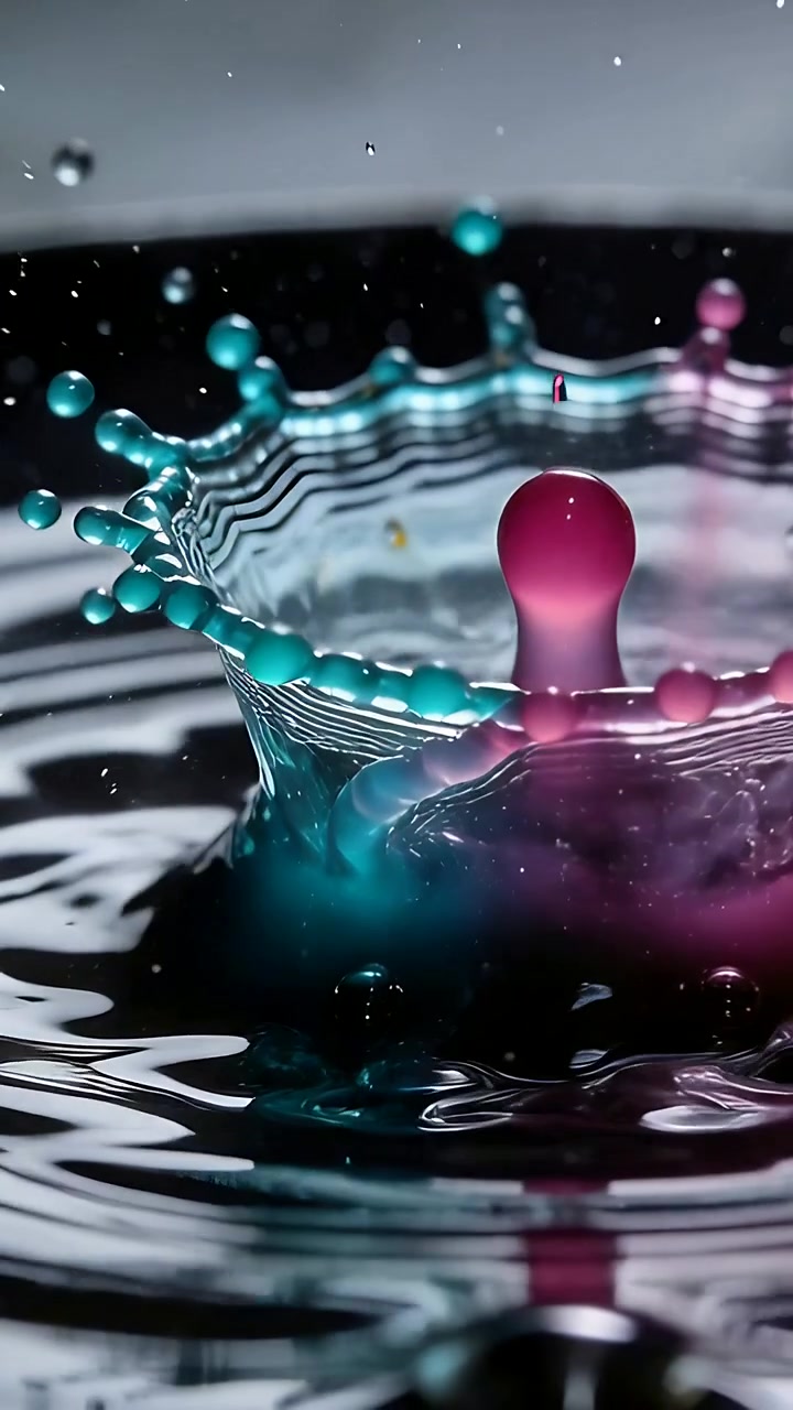 Video verticale: Una goccia color verde acqua colpisce un getto magenta formando una corona in studio per mostrare le dinamiche.