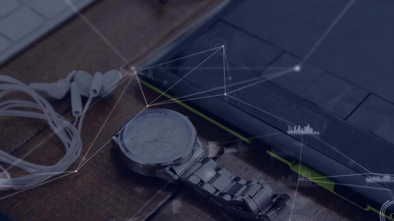 Resting on dark wood desk tablet watch earphones fading nodes forming web animating data overlays