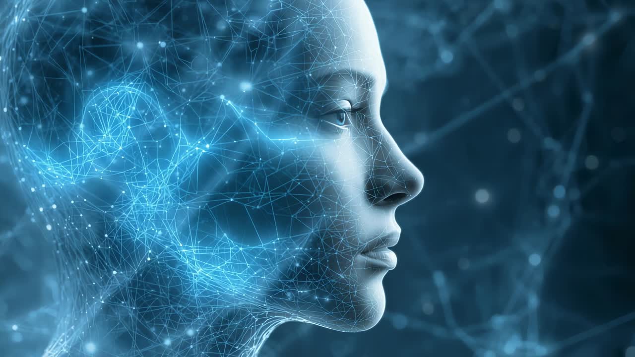 Mostra una testa umanoide traslucida che si muove in un campo neurale come illuminazione mesh verso l'occhio, mostrando il flusso di dati