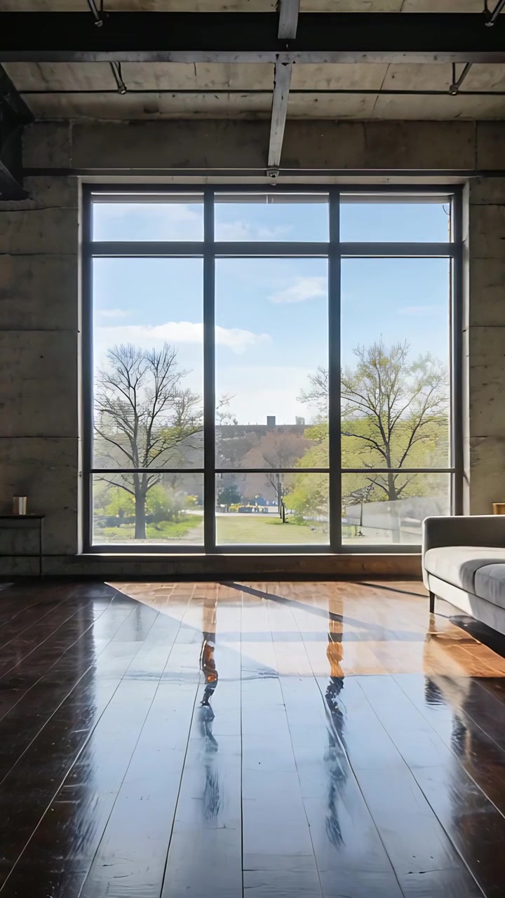 Video vertical: Sol en movimiento a través de una ventana de rejilla proyectando reflejos en un suelo de madera, con un sofá.