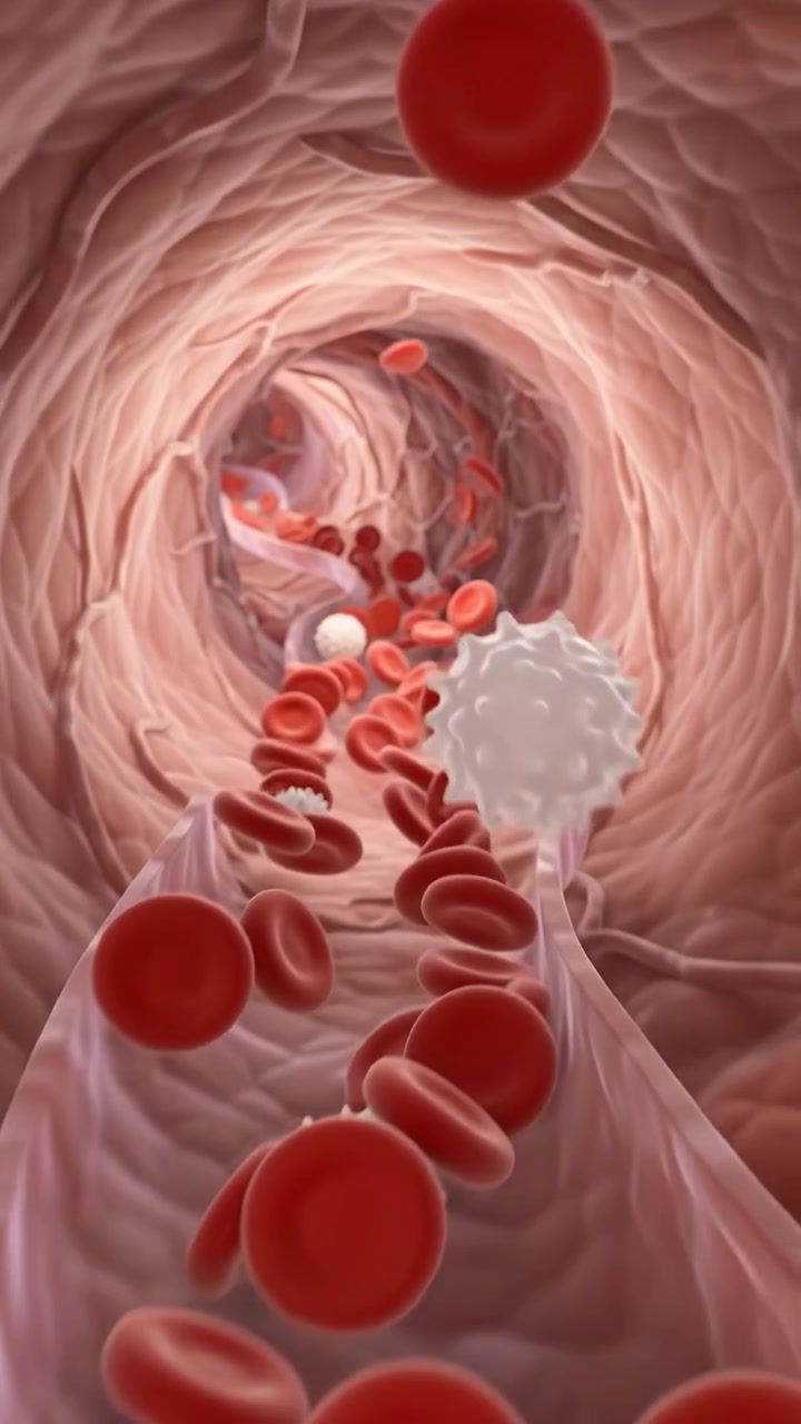 Red and White Blood Cells Flowing Through a Human Vein