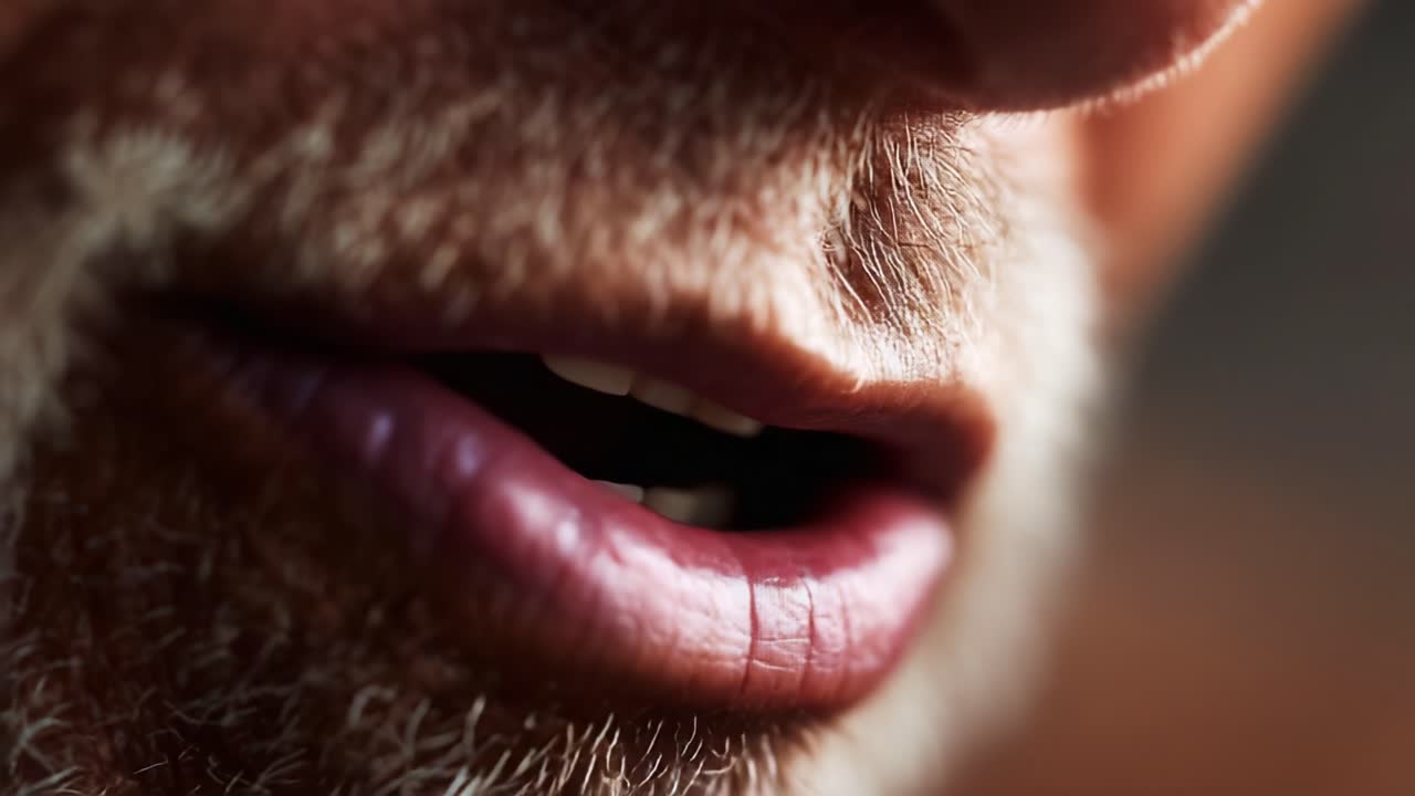 Close-up of an Elderly Man's Facial Hair and Lips Showcasing the Texture and Detail of Age, Conveying Emotion and Character Through Subtle Expressions and Features