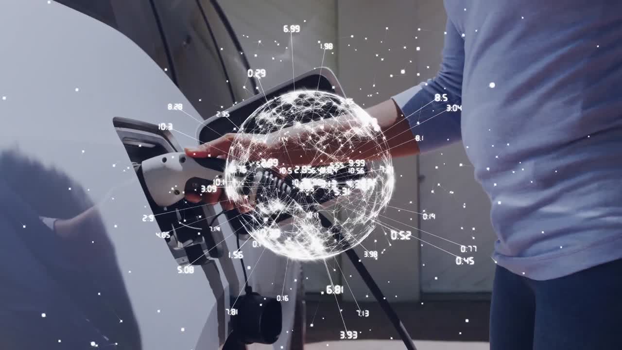 데이터 프로세싱의 애니메이션과 지구 상의 코카시안 여성 연료 자동차