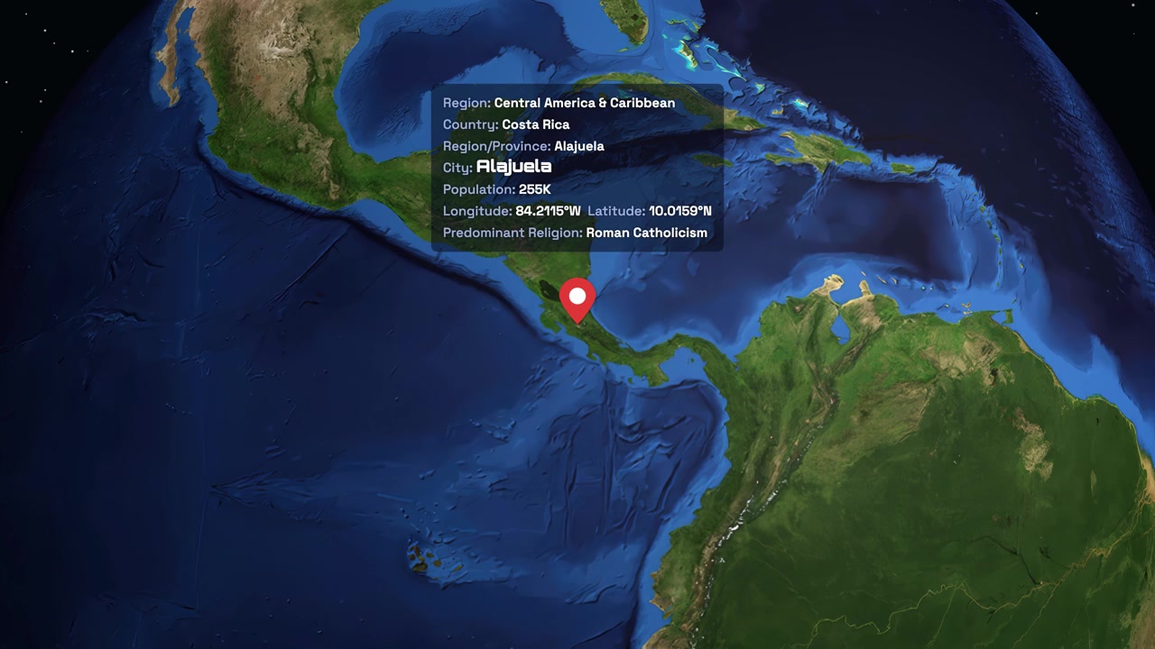 Digital earth rotates and zooms into Alajuela, Costa Rica, displaying geographic information and location pin