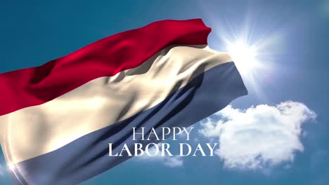 Animation-of-happy-labor-day-text-over-flag-of-netherlands-and-clouds