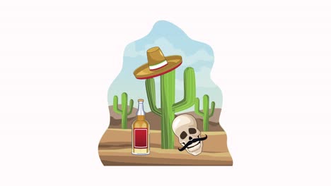celebración mexicana con cráneo y sombrero mariachi en el desierto