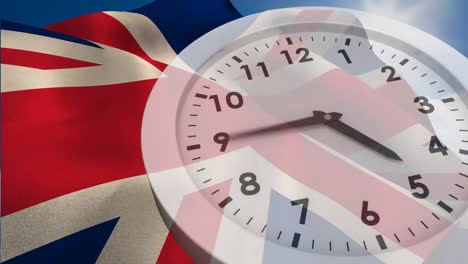 european flag and uk flag waiving behind analog clock