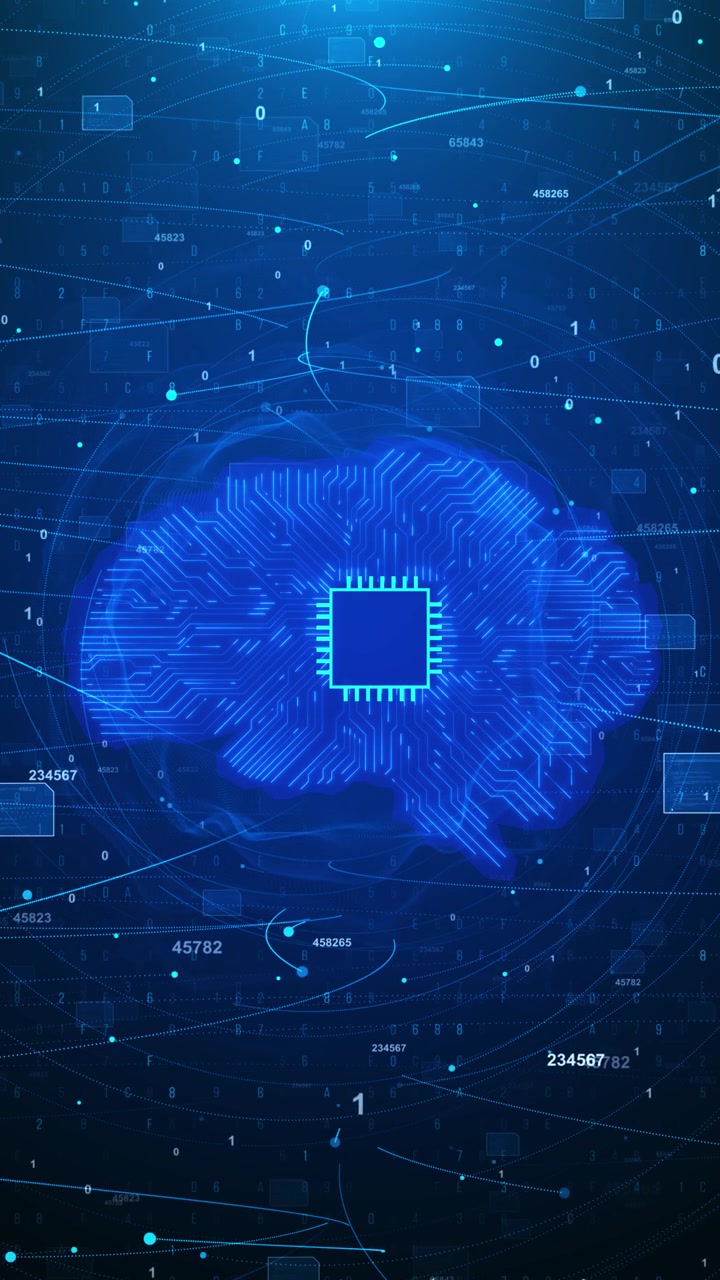 Ai chip data network visual glowing blue circuits digital globe orbit paths numeric interface for