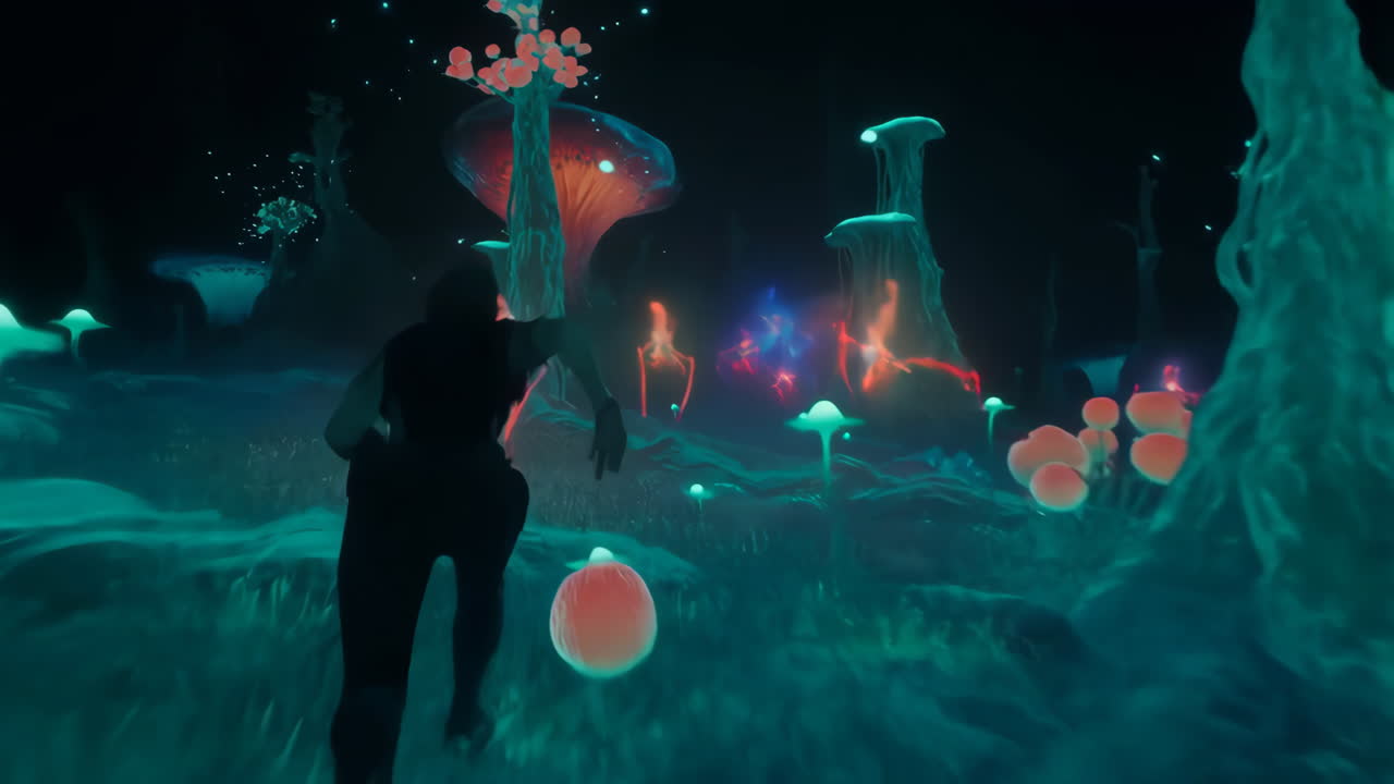 Una persona esplora un vibrante mondo alieno bioluminescente.