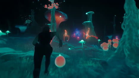 a person explores a vibrant bioluminescent alien world