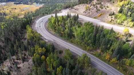 Drone-Shot-of-Mountain-Pass,-Curvy-Road-and-Landscape-in-Autumn-Season,-Colorado-USA