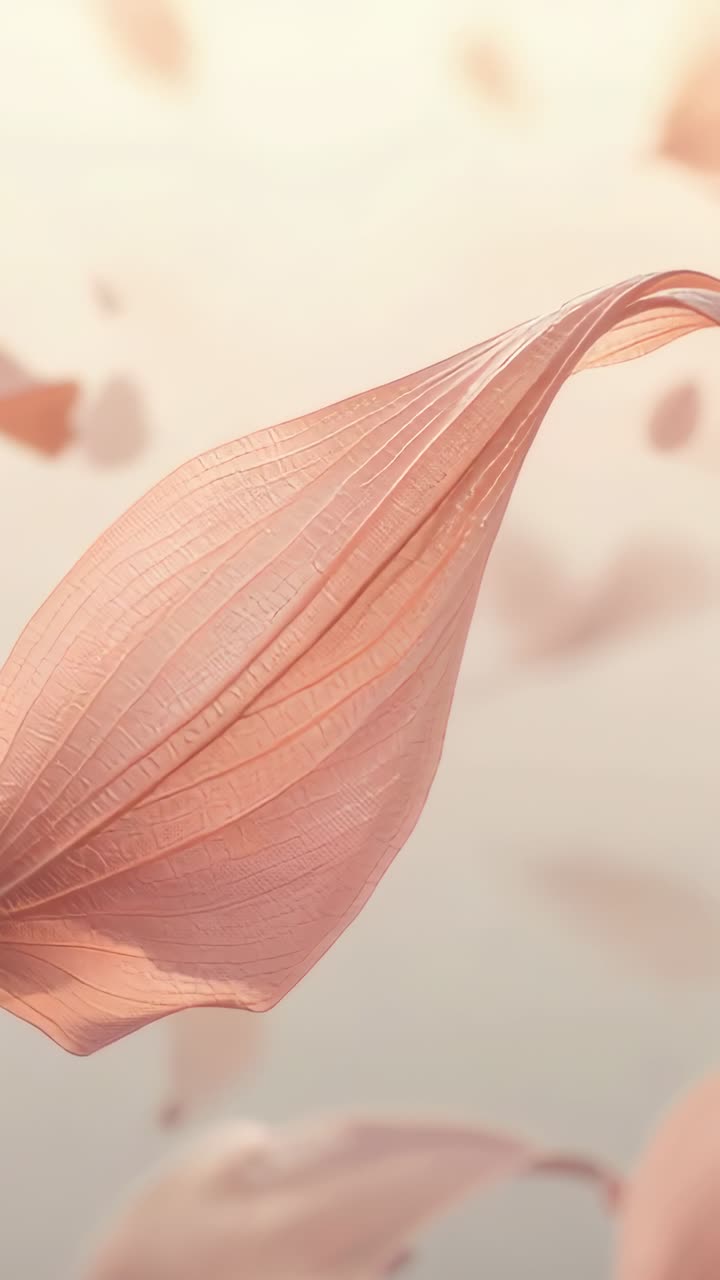 Vertical video: Drifting veined pink petal moving right and curling up in studio breeze with petals