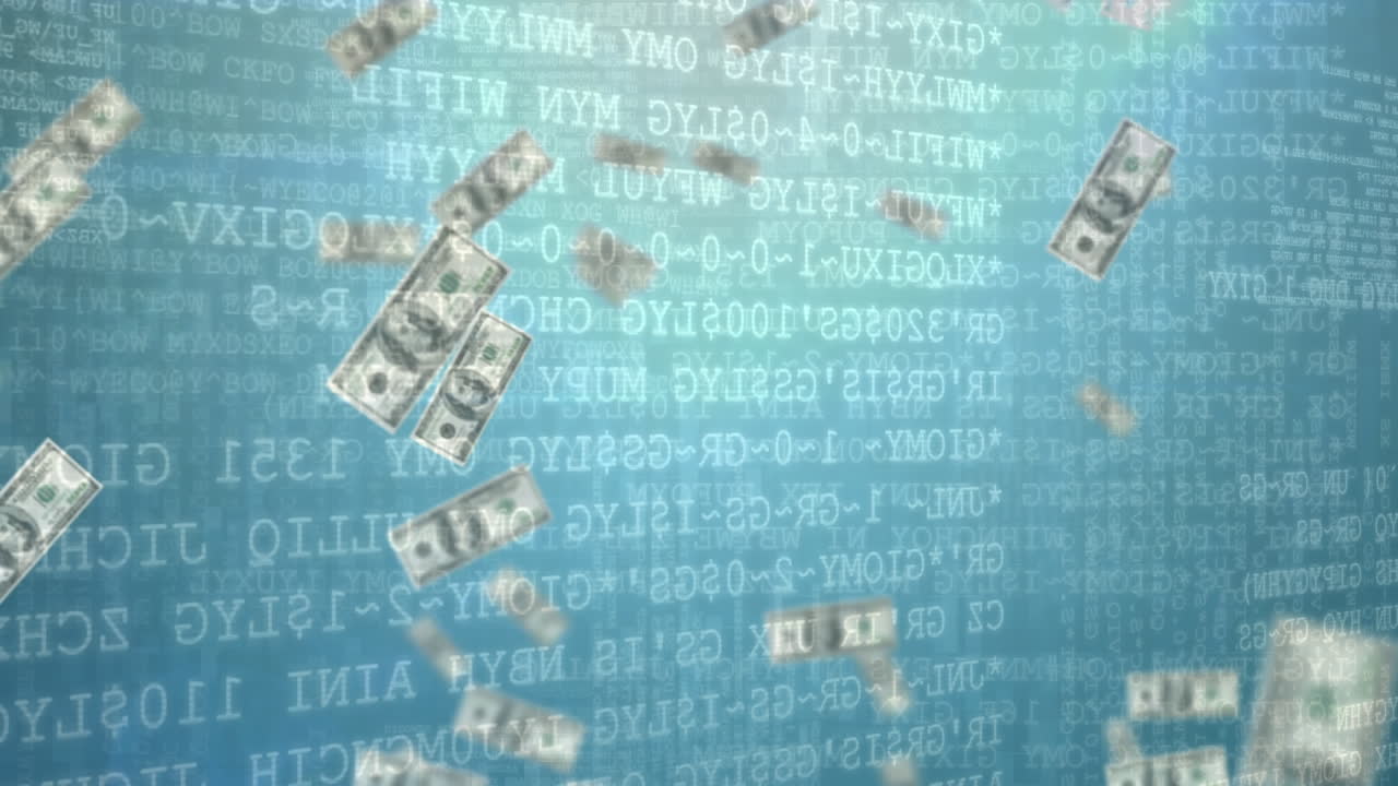데이터 기록, 통계 자료를 보여주는 미국 달러 지폐의 애니메이션.