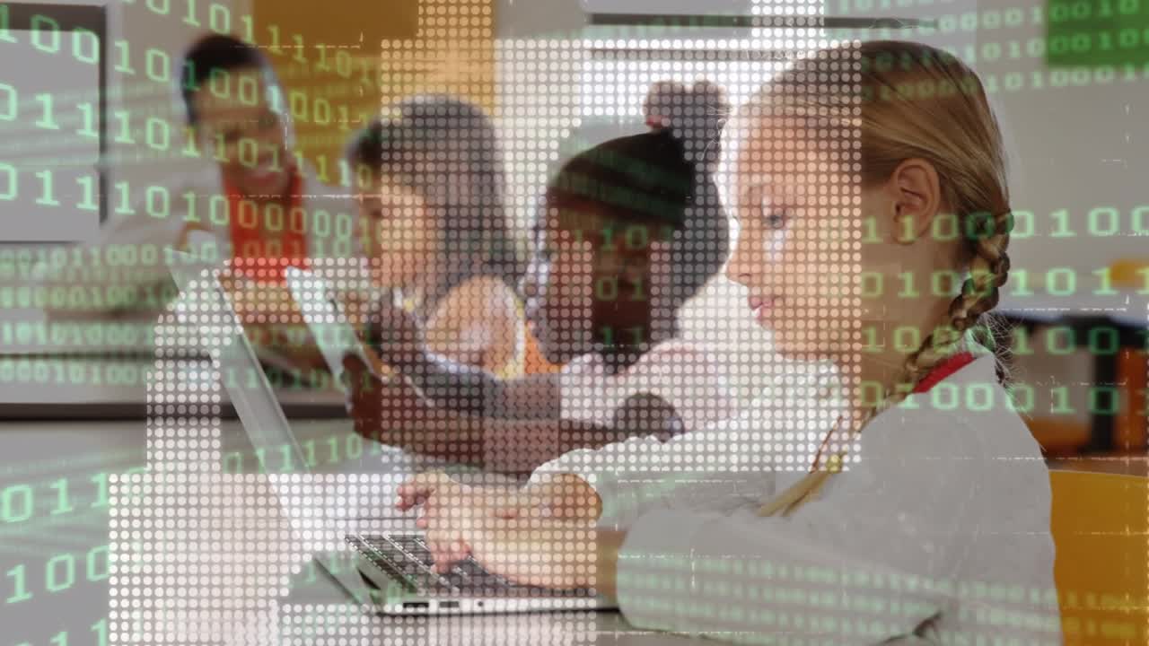 Animation of binary coding data processing over schoolgirl using tablet
