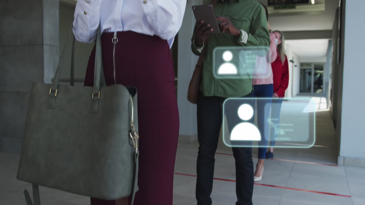 Animation of icons and data processing over diverse business people standing in line in face masks