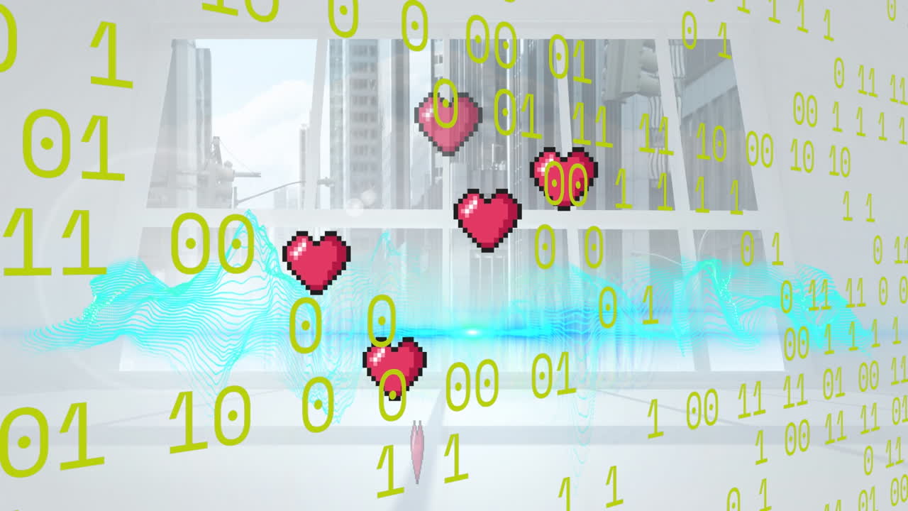 animación del procesamiento de datos y iconos de corazón sobre el paisaje urbano