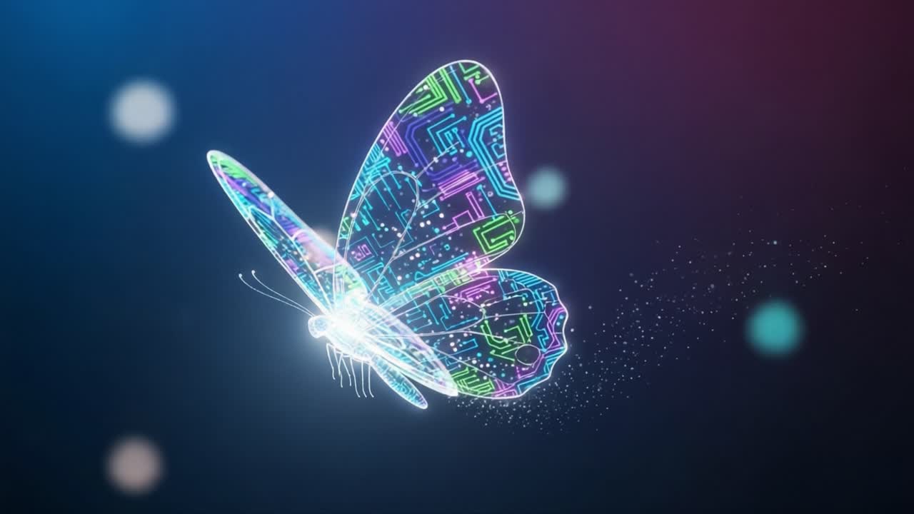 A Stunning Animated Transformation of a Butterfly with Intricate Circuit Patterns, Showcasing a Fusion of Nature and Technology in Vivid Colors