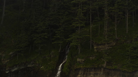 Waterfall-tumbles-into-Pacific-Ocean-out-of-coastal-forest,-Oregon