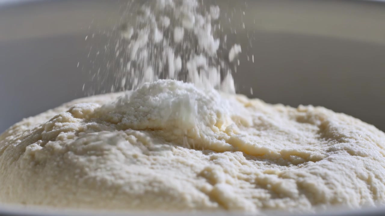 Polvere fine che cade da una fonte fuori campo, spolverando l'impasto lievitato in una ciotola bianca per la modellatura.