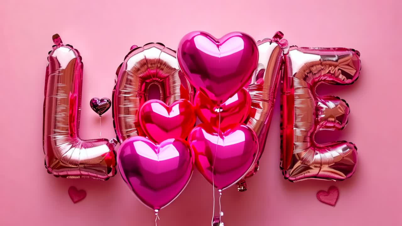 Un fondo rosa con la palabra AMOR formada con globos de papel de aluminio y corazones