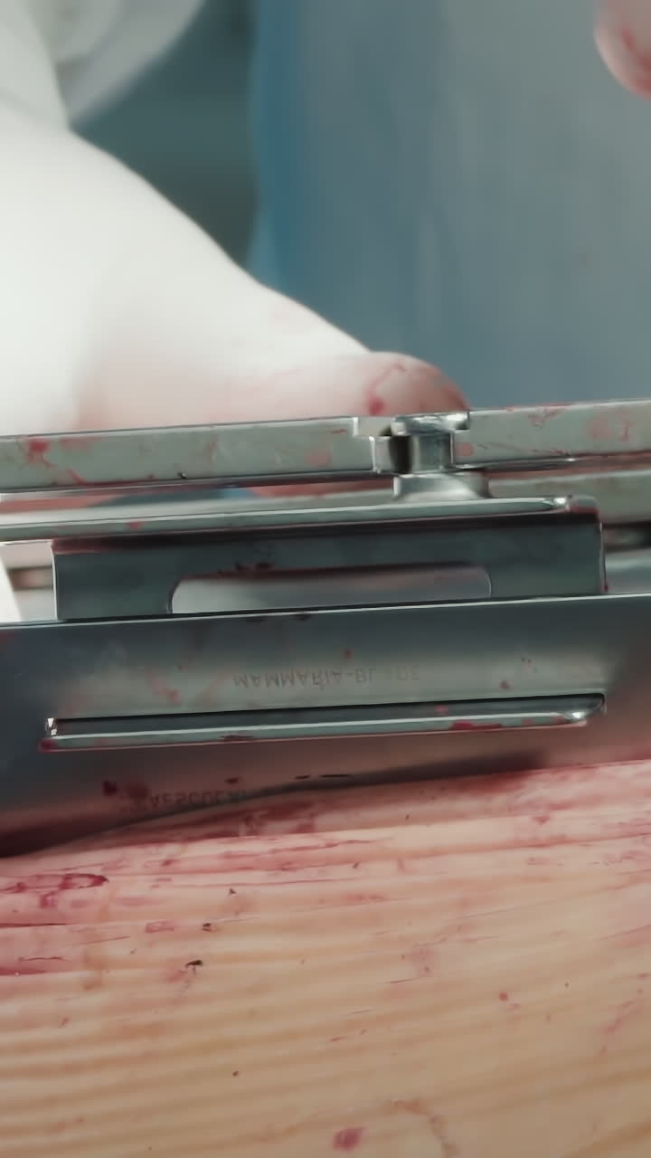 심장 수술을 위해 의사는 가을 확장합니다. 외과 의사는 환자의 가을 열기 위해 창기를 사용합니다. 정확한 관상동맥 우회 수술을 위한 상처를 보장합니다.