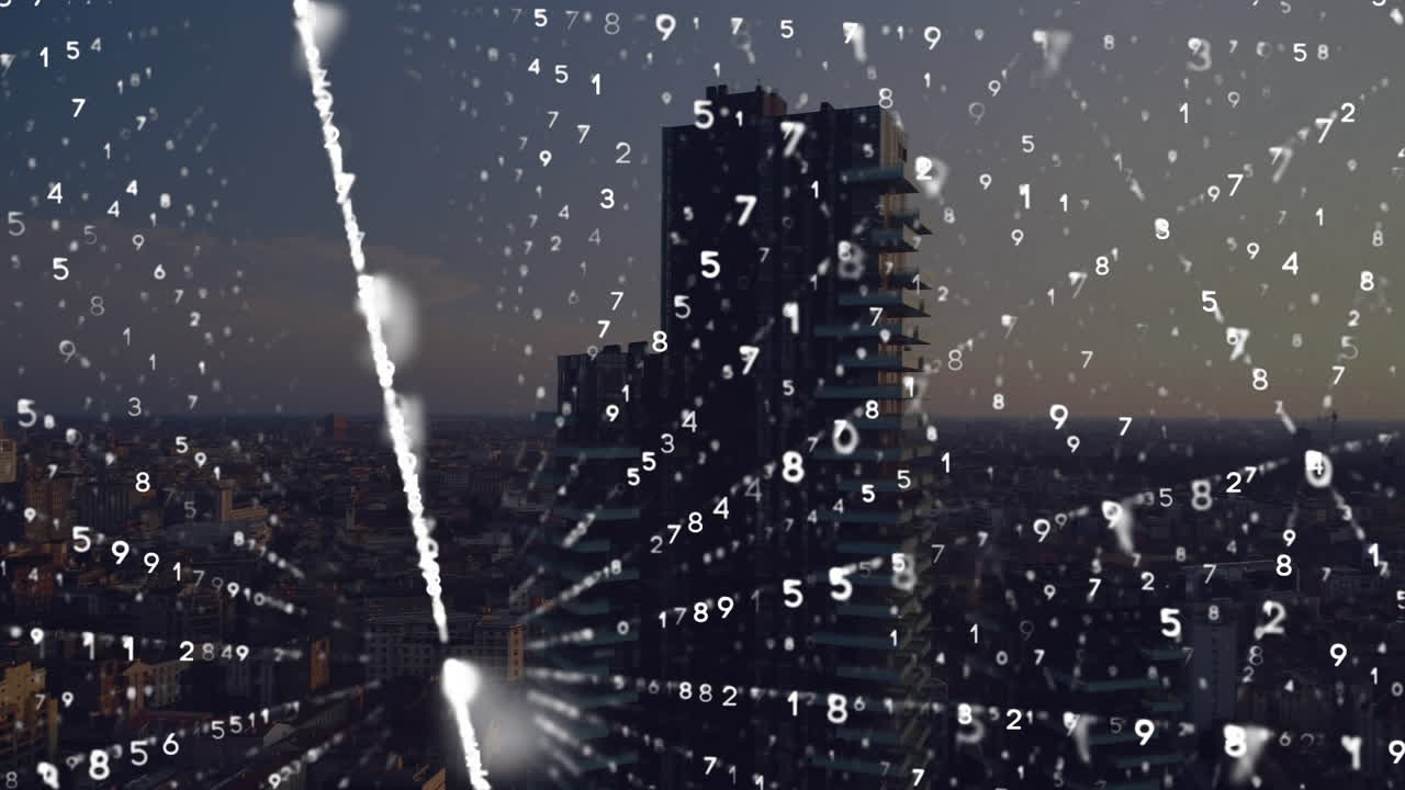 Animazione di codice binario su paesaggio urbano