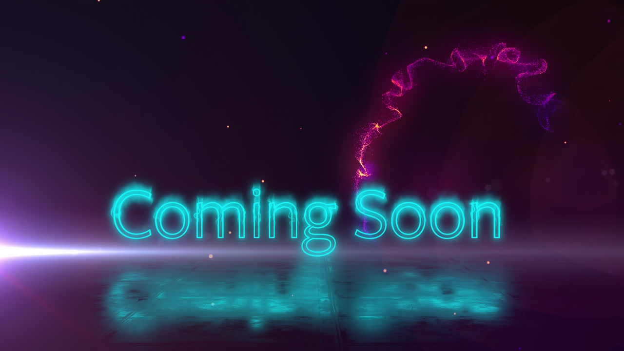 Animation of illuminated coming soon text with moving lens flares over black background